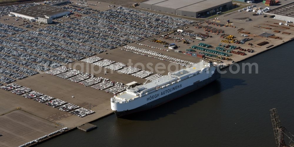 Aerial image Amsterdam - Car-ship at the ship wharf of the Hoeegh Autoliners in the district Westpoort in Amsterdam in Noord-Holland, Netherlands