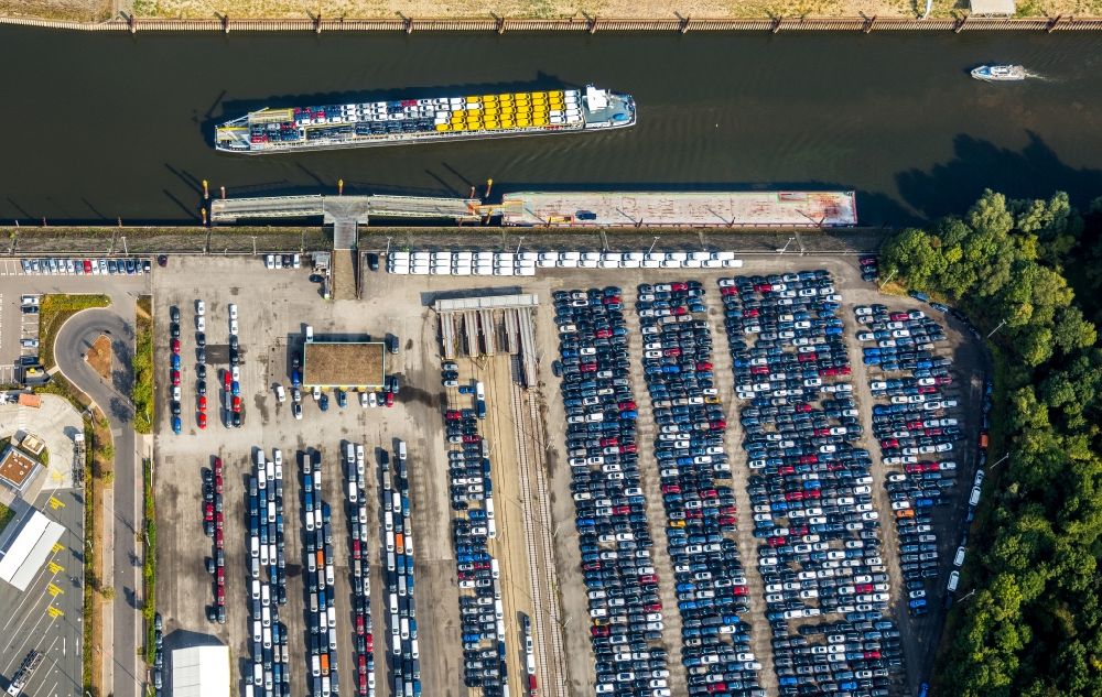 Neuss from the bird's eye view: Car ship at the port of the harbor Neuss - Duesseldorf on the Obererft in Neuss in the state North Rhine-Westphalia, Germany