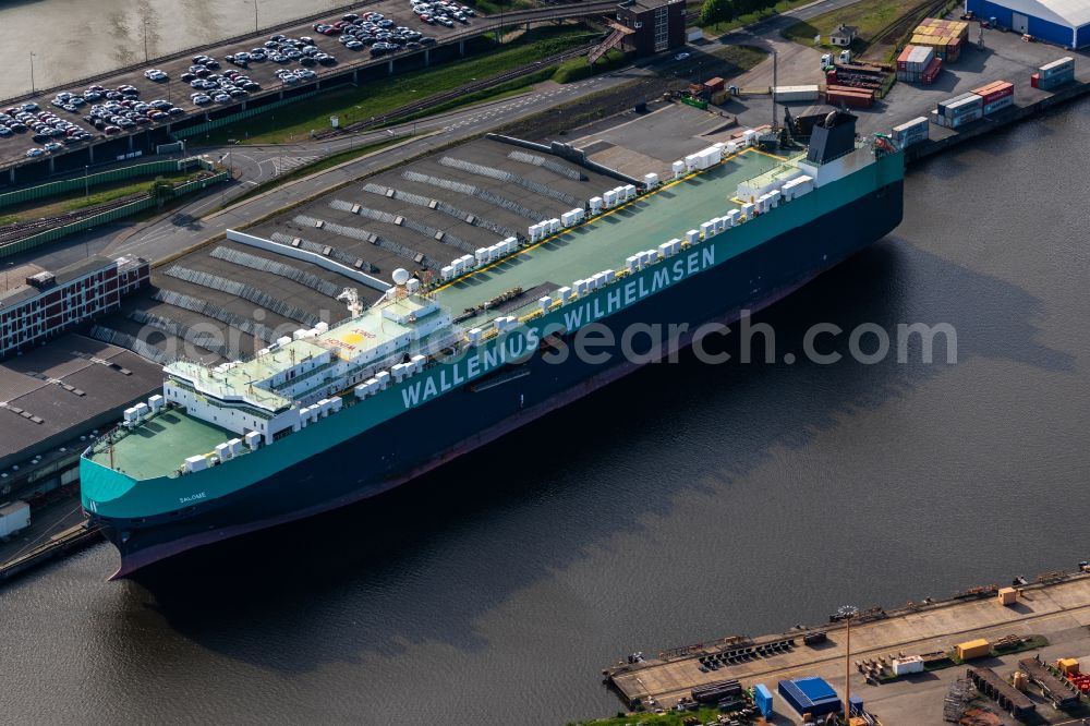 Bremerhaven from above - Car transporter Wallenius Wilhelmsen at the ship quay of the port Kaiserhafen in Bremerhaven in the state Bremen, Germany