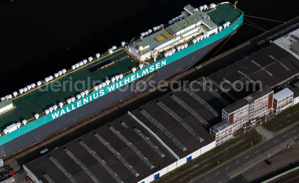 Aerial photograph Bremerhaven - Car transporter Wallenius Wilhelmsen at the ship quay of the port Kaiserhafen in Bremerhaven in the state Bremen, Germany
