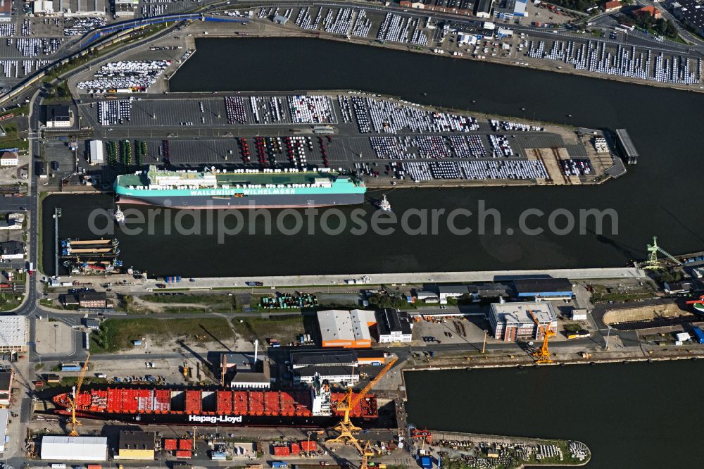 Bremerhaven from the bird's eye view: Car transporter Wallenius Wilhelmsen at the ship quay of the port Kaiserhafen in Bremerhaven in the state Bremen, Germany