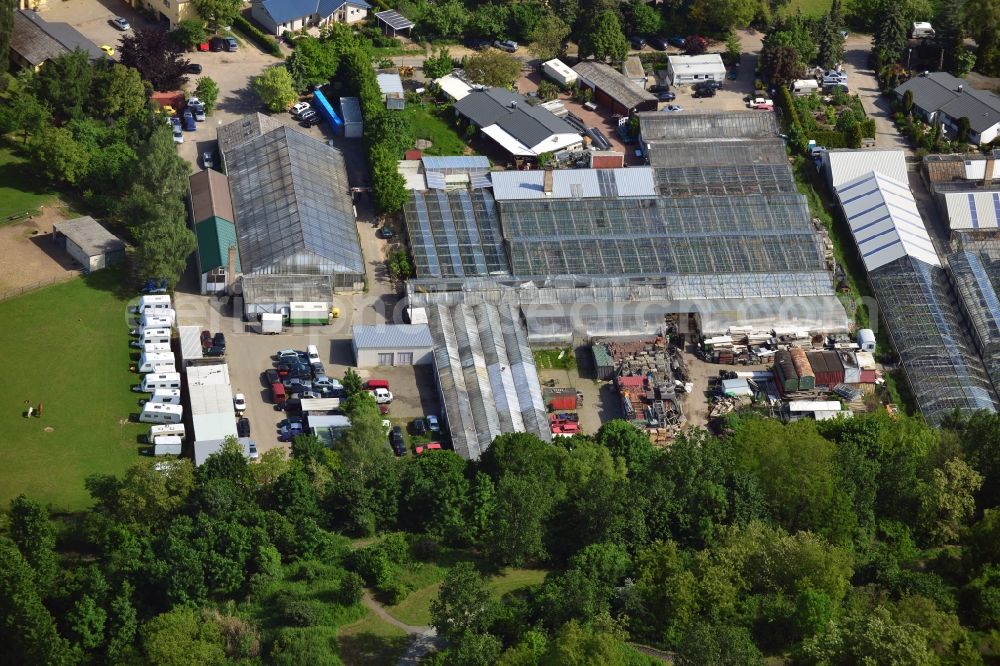 Aerial photograph Großziethen - Car parts and second hand stock in the greenhouse facility in the district Grossziethen of Schoenefeld in Brandenburg. Users of the halls include gardening and horticulture Meyflower Gunter Kuehne