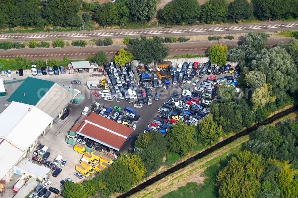 Neuenhagen from above - Scrapyard for recycling of cars cars and used vehicles with decomposition and aftermarket Autoverwertungscenter Pries & Friese Inh. H. Fries on Rosa-Luxemburg-Donm in Neuenhagen in the state Brandenburg, Germany