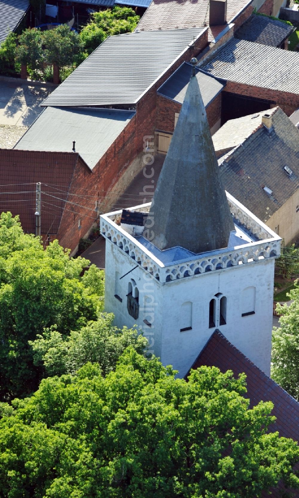 Aerial image Bad Schmiedeberg OT Trebitz - Church steeple of Evangelical Lutheran Church of Trebitz in the state Saxony-Anhalt