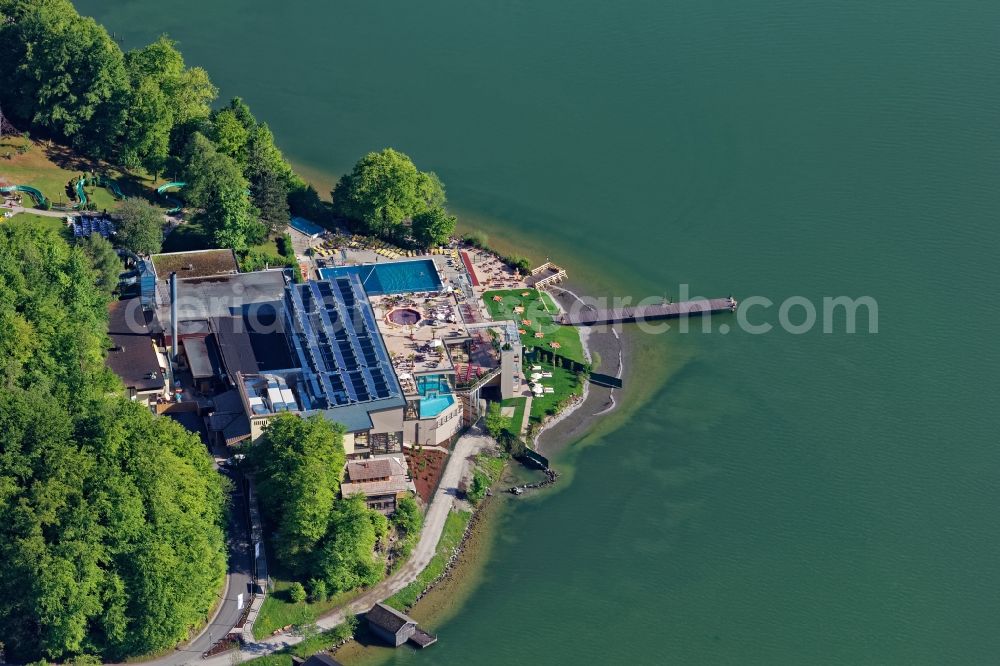 Kochel am See from above - Spa and swimming pools of the leisure facility Trimini in Kochel am See in the state Bavaria, Germany