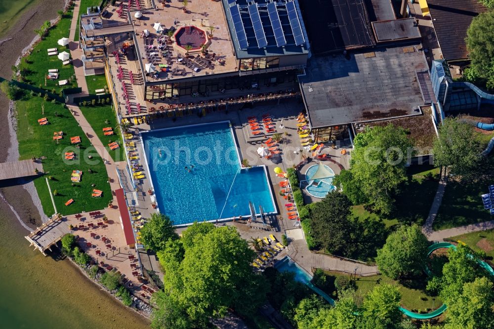 Kochel am See from above - Spa and swimming pools of the leisure facility Trimini in Kochel am See in the state Bavaria, Germany