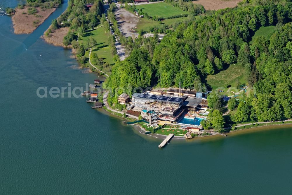 Aerial image Kochel am See - Spa and swimming pools of the leisure facility Trimini in Kochel am See in the state Bavaria, Germany