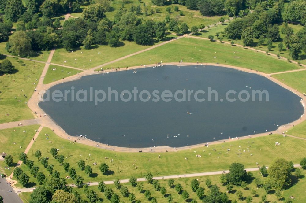 London from the bird's eye view: View of the Round Pond lake in London's Hyde Park, Hyde Park is a public park in central London. The city park is known together with the other Royal Parks, the green lung of the city and is considered one of the largest and most famous city parks