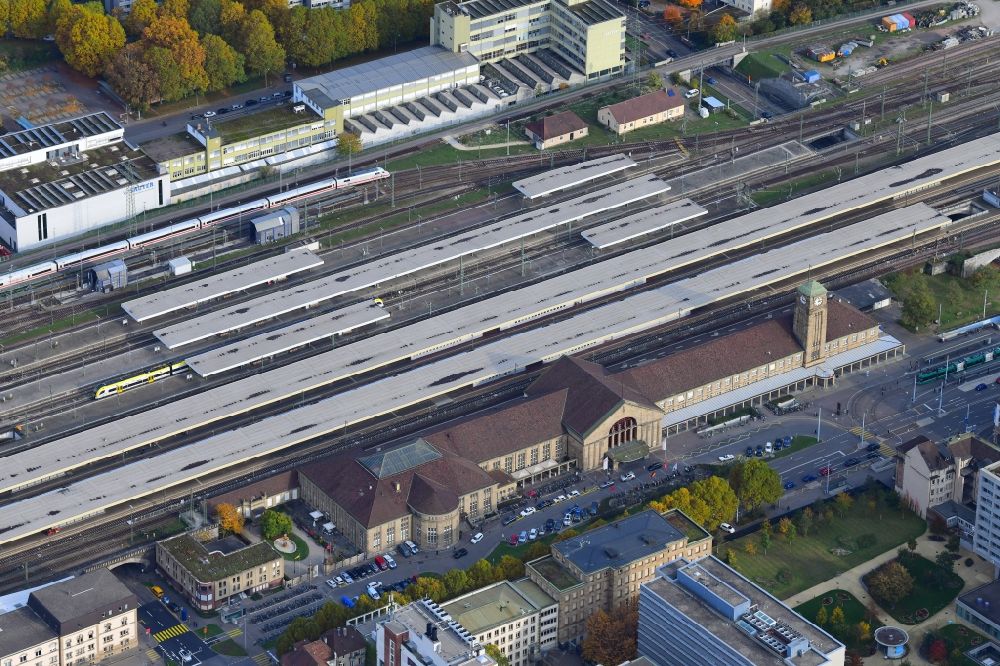 Aerial image Basel - Track progress and building of the main station Basel Baden Railway Station in Basel, Switzerland