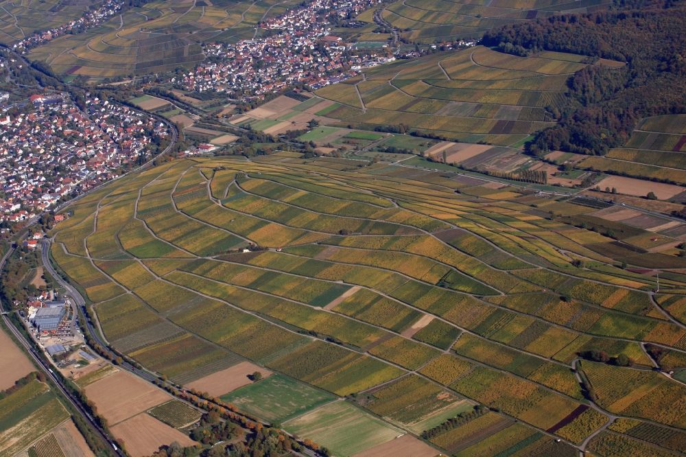 Aerial photograph Schallstadt - Autumn in the vineyard Batzenberg with structures of the roads to grow the vine of Baden the in Schallstadt in the state Baden-Wuerttemberg, Germany