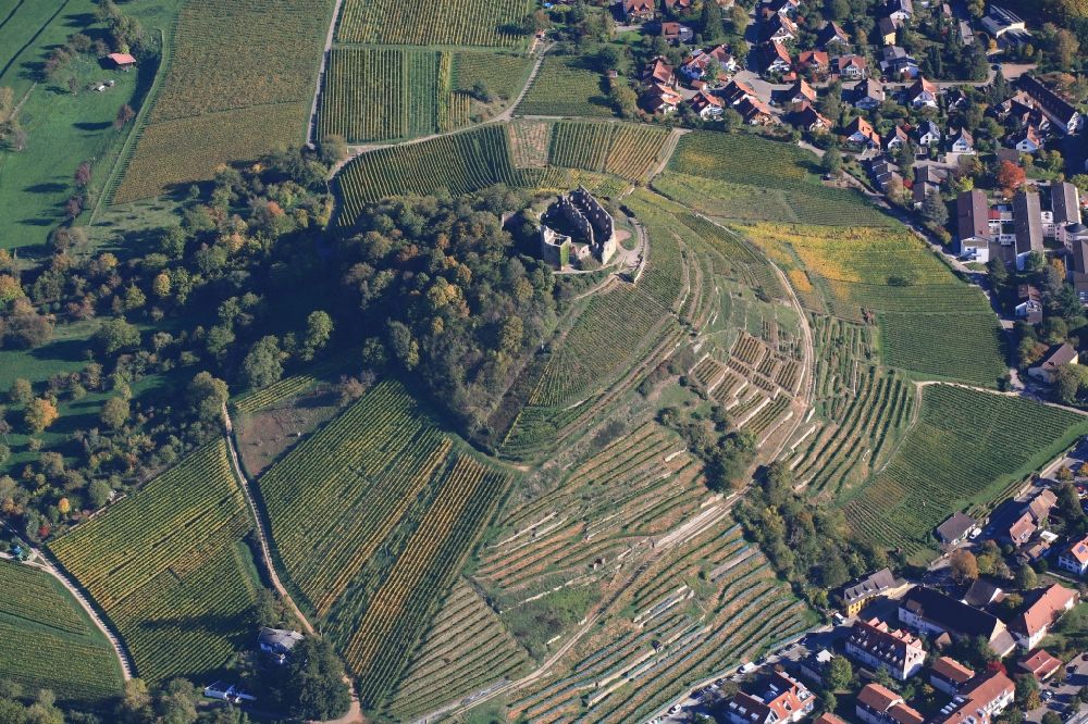 Staufen im Breisgau from the bird's eye view: Autumn in the vineyard at the castle with structures of the roads to grow the vine of Baden the in Staufen in Breisgau in the state Baden-Wuerttemberg, Germany