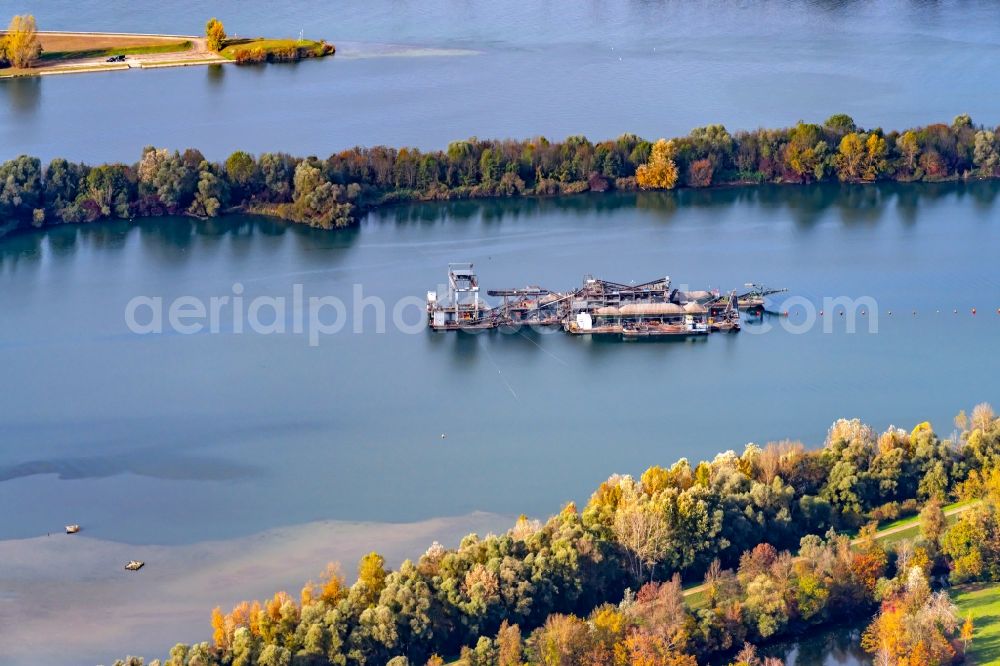 Aerial image Rheinau - Work at water surface Am Rhein in Rheinau in the state Baden-Wurttemberg, Germany