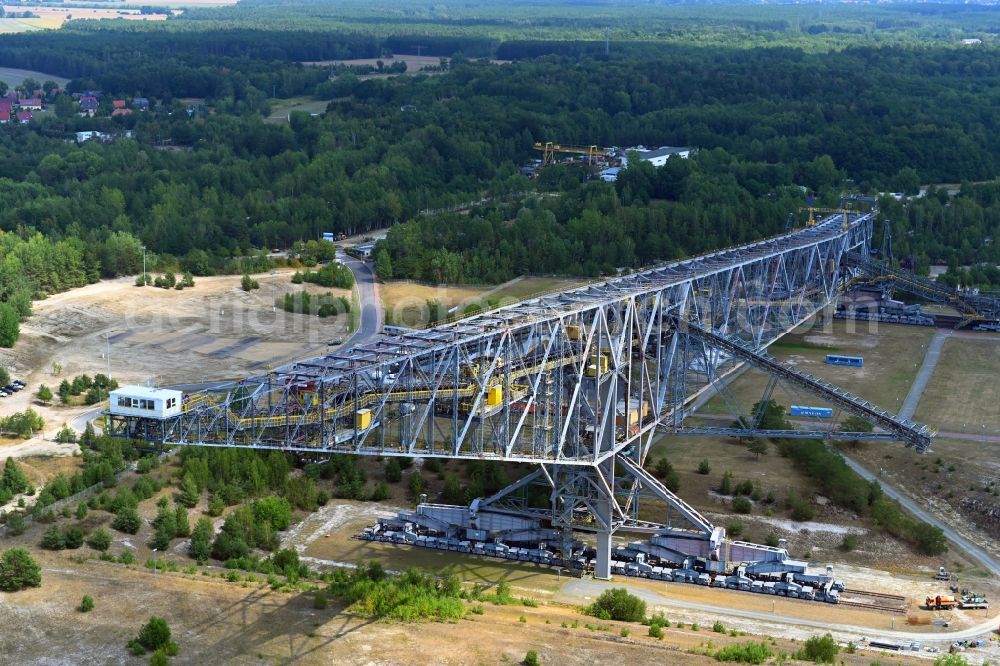 Aerial image Lichterfeld-Schacksdorf - Dredging conveyor bridge in brown coal mine of Besucherbergwerk F60 on Bergheider See in Lichterfeld-Schacksdorf in the state Brandenburg, Germany