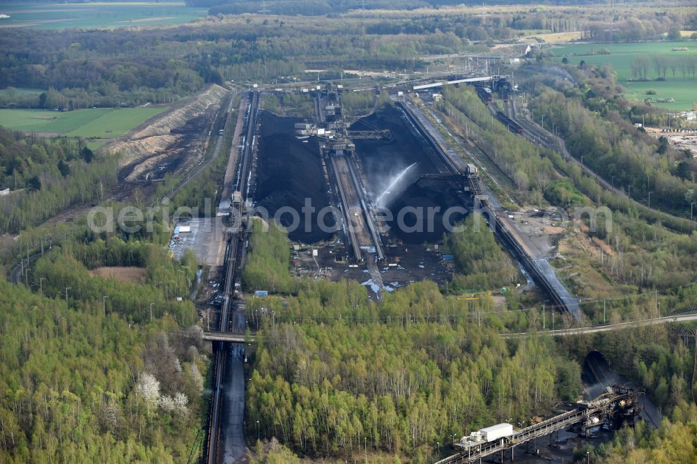 Niederzier from above - Dredging conveyor bridge in brown coal mine Hambach in Niederzier in the state North Rhine-Westphalia, Germany