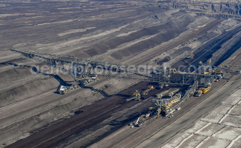 Welzow from above - Dredging conveyor bridge in brown coal mine in Welzow in the state Brandenburg, Germany
