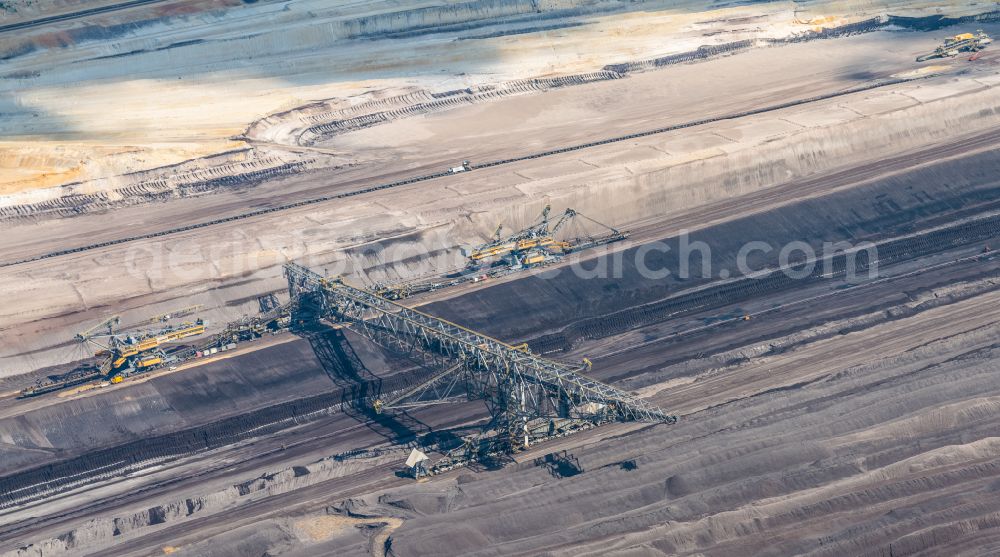 Welzow from above - Dredging conveyor bridge in brown coal mine in Welzow in the state Brandenburg, Germany