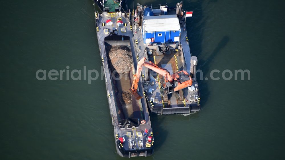 Weißenthurm from the bird's eye view: Dredger during the gravel piling of the Rhine in the state Rhineland-Palatinate, Germany