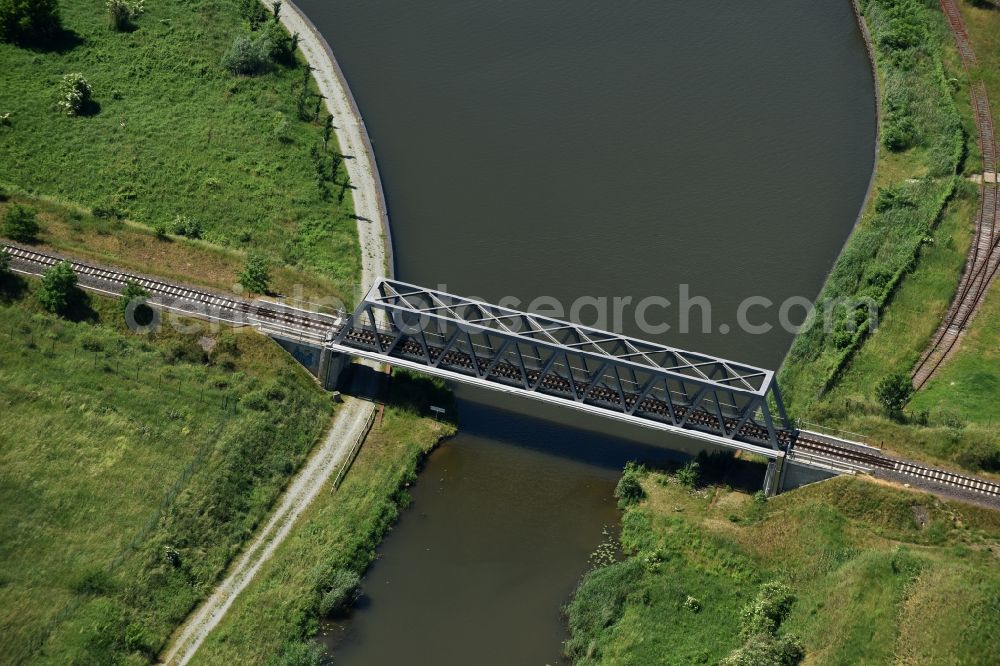 Genthin from above - Railway bridge across the Elbe-Havel-Canal in the Northeast of Genthin in the state of Saxony-Anhalt