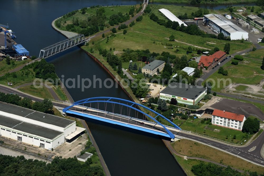 Genthin from above - Railway bridge and blue steel arc bridge with the federal road B1 across the Elbe-Havel-Canal in the Northeast of Genthin in the state of Saxony-Anhalt