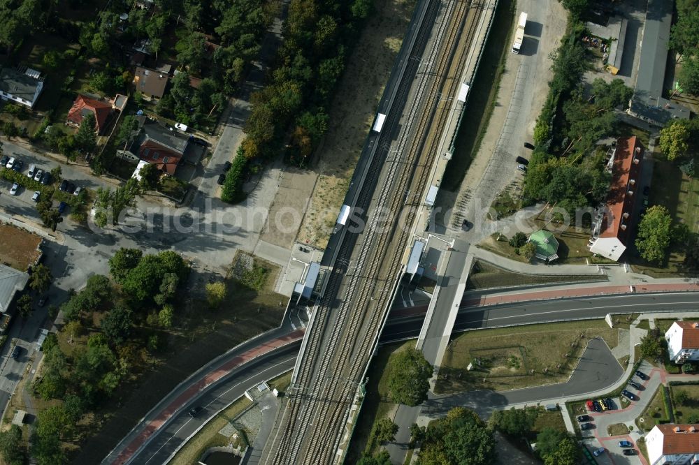 Aerial image Rangsdorf - Railway bridge building to route the train tracks at the train station in Rangsdorf in the state Brandenburg