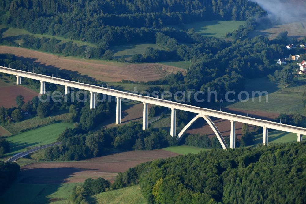 Melsungen from the bird's eye view: Railway bridge building to route the train tracks about the B487 in Melsungen in the state Hesse, Germany