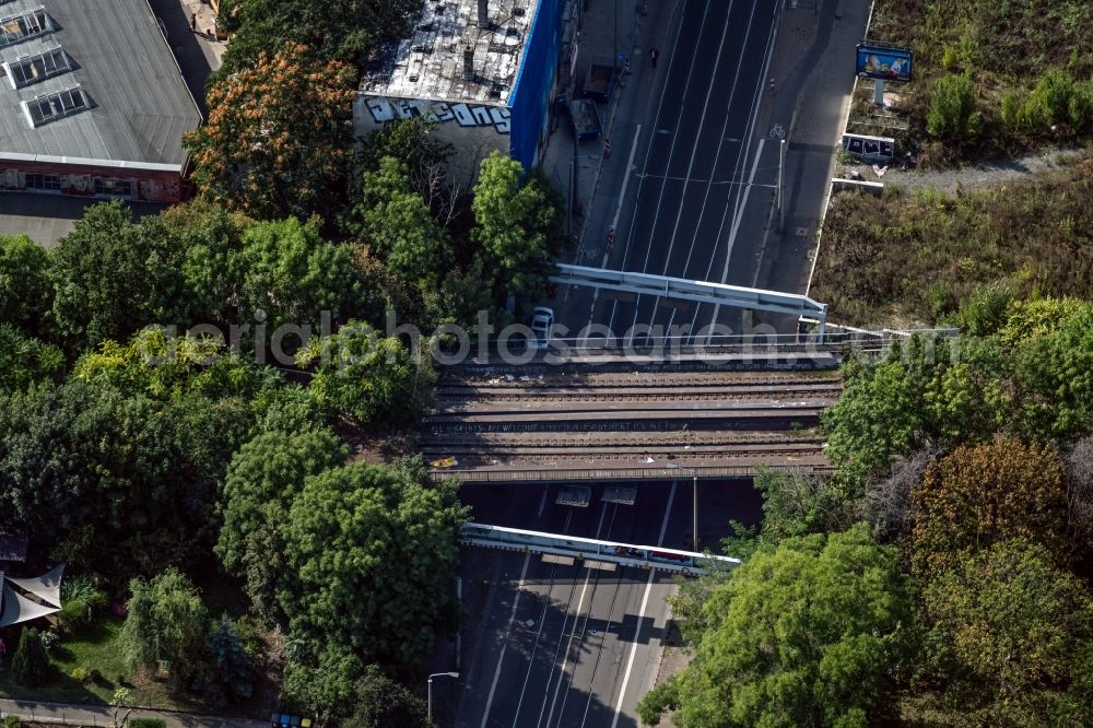 Leipzig from above - Railway bridge building to route the train tracks about the Torgauer Strasse in the district Sellerhausen in Leipzig in the state Saxony, Germany