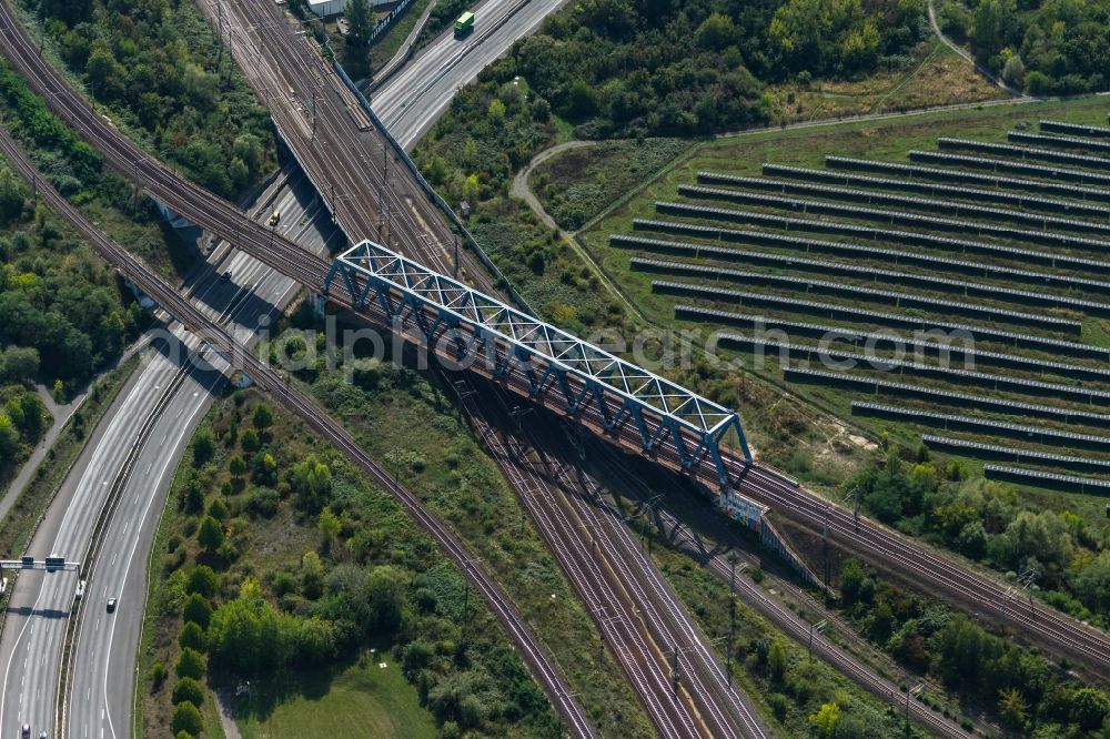 Leipzig from above - Railway bridge building to route the train tracks along the B2 at the train station Leipzig, Messe in Leipzig in the state Saxony, Germany