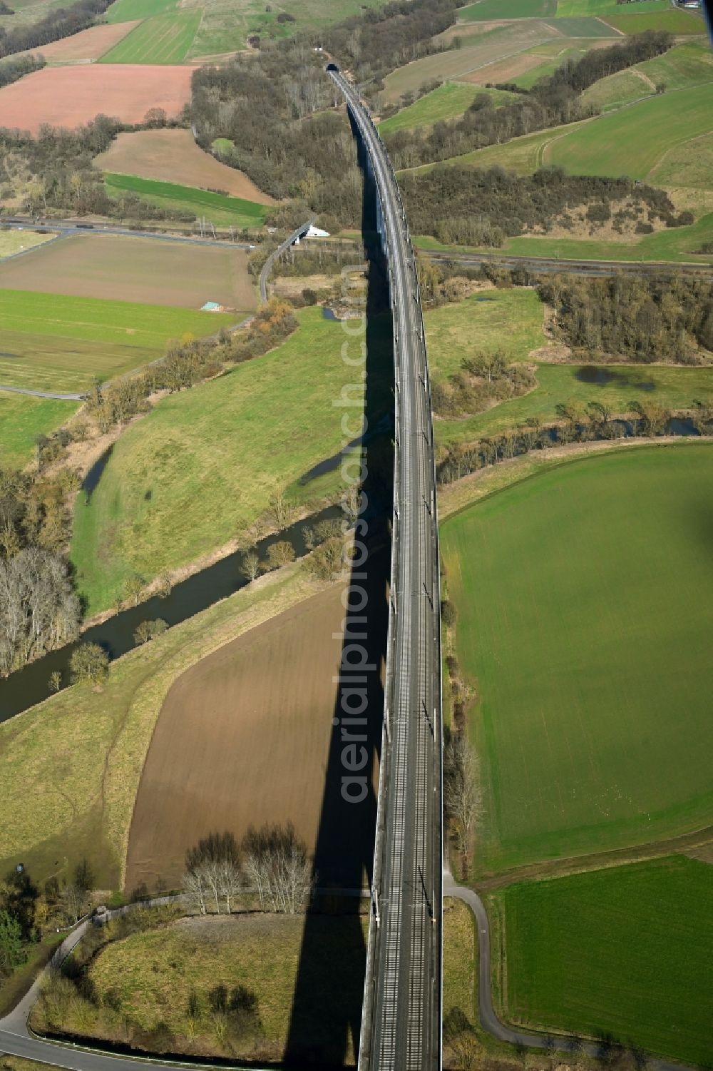 Aerial image Morschen - Railway bridge building to route the train tracks Fuldatalbruecke Morschen in Morschen in the state Hesse, Germany
