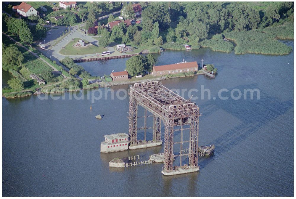 Bugewitz from above - Ruins of the railway bridge structure for routing the railway tracks Karnin Hubbruecke on the Szczecin Lagoon in Bugewitz in the state Mecklenburg - Western Pomerania, Germany
