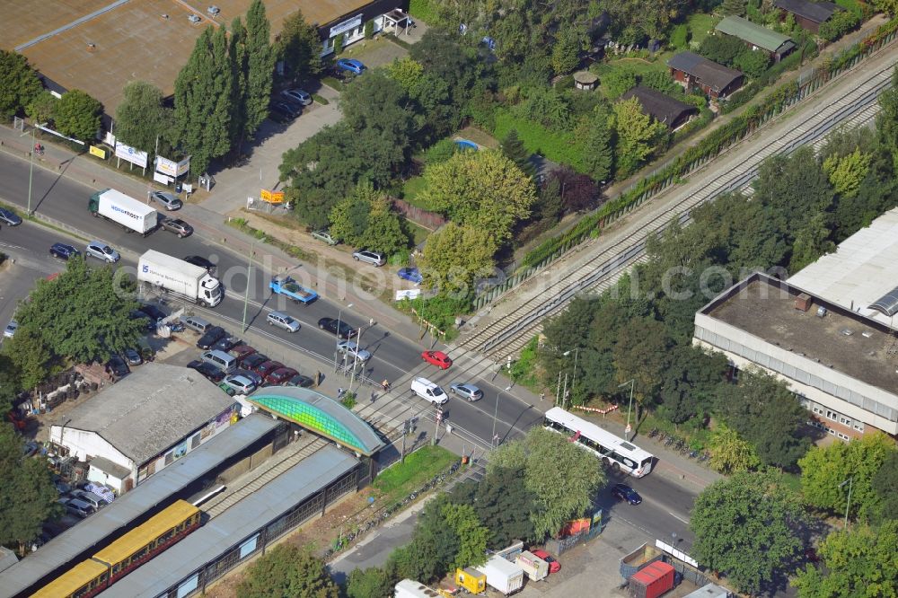 Aerial image Berlin - Crossing Buckower Chaussee at the railway line Dresdner Bahn to the same S-Bahn station in Berlin
