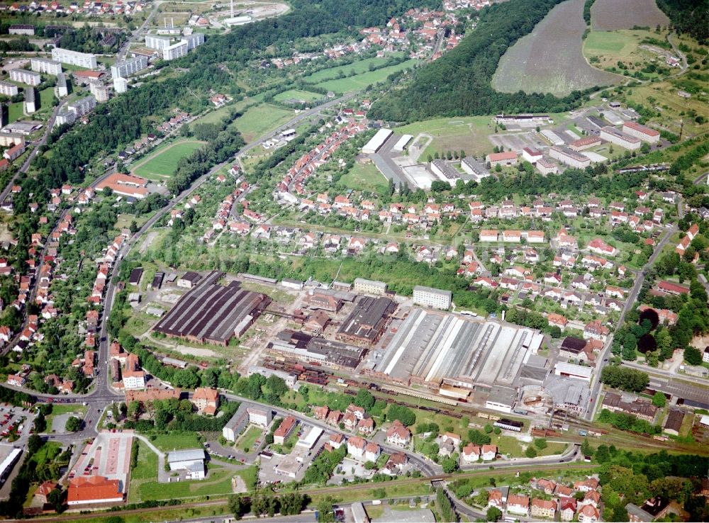 Meiningen from the bird's eye view: Railway depot and repair shop, maintenance and repair of locomotives - steam locomotive Am Flutgraben in Meiningen in the state Thuringia, Germany
