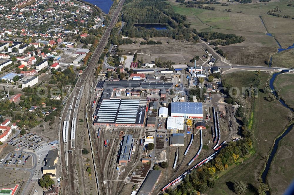 Aerial image Wittenberge - Railway depot and repair shop for maintenance and repair of trains of passenger transport of DB Fahrzeuginstandhaltung GmbH in Wittenberge in the state Brandenburg, Germany