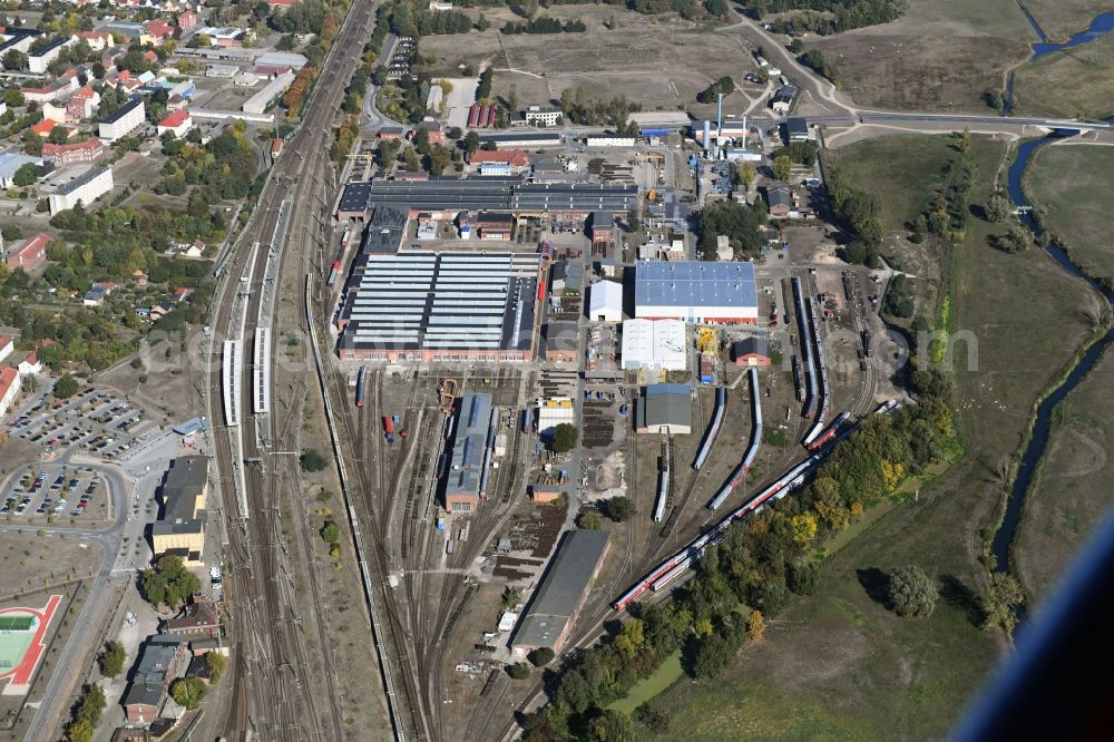Aerial image Wittenberge - Railway depot and repair shop for maintenance and repair of trains of passenger transport of DB Fahrzeuginstandhaltung GmbH in Wittenberge in the state Brandenburg, Germany
