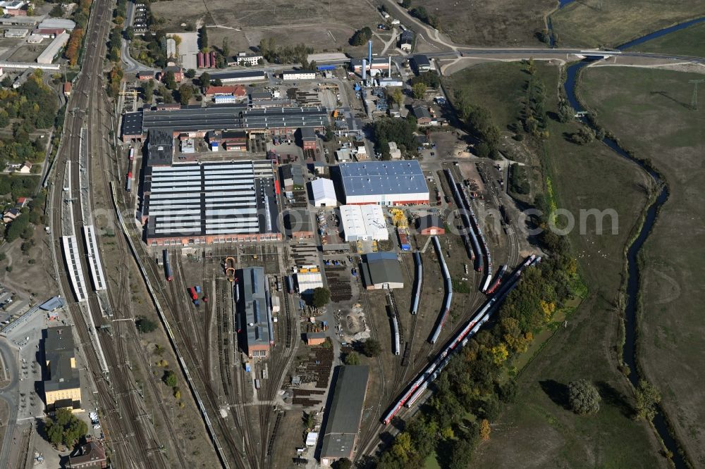 Aerial photograph Wittenberge - Railway depot and repair shop for maintenance and repair of trains of passenger transport of DB Fahrzeuginstandhaltung GmbH in Wittenberge in the state Brandenburg, Germany