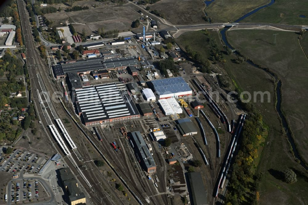 Wittenberge from above - Railway depot and repair shop for maintenance and repair of trains of passenger transport of DB Fahrzeuginstandhaltung GmbH in Wittenberge in the state Brandenburg, Germany