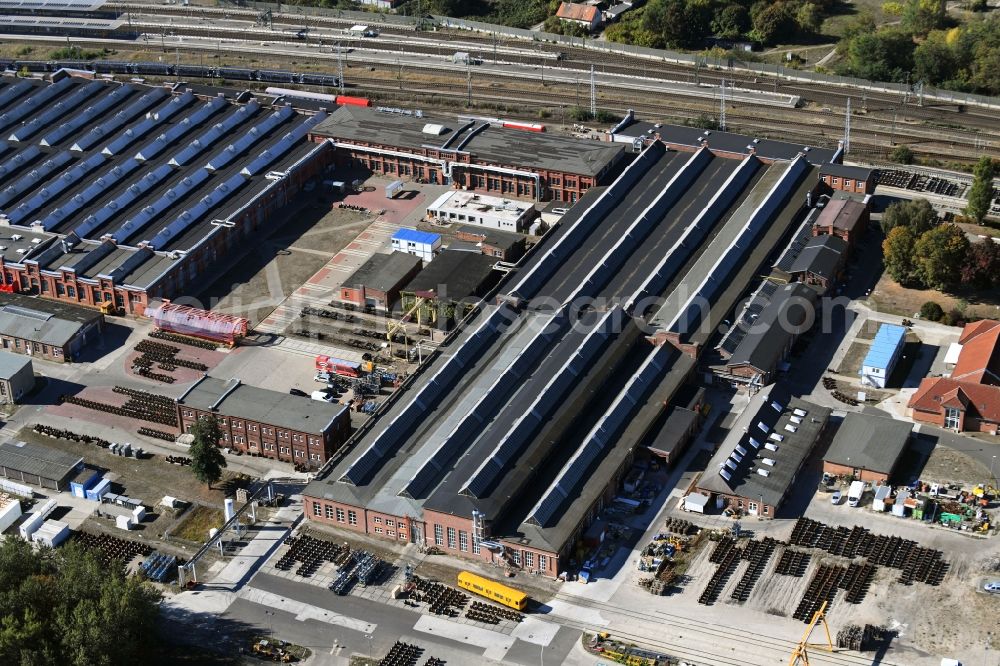 Aerial photograph Wittenberge - Railway depot and repair shop for maintenance and repair of trains of passenger transport of DB Fahrzeuginstandhaltung GmbH in Wittenberge in the state Brandenburg, Germany