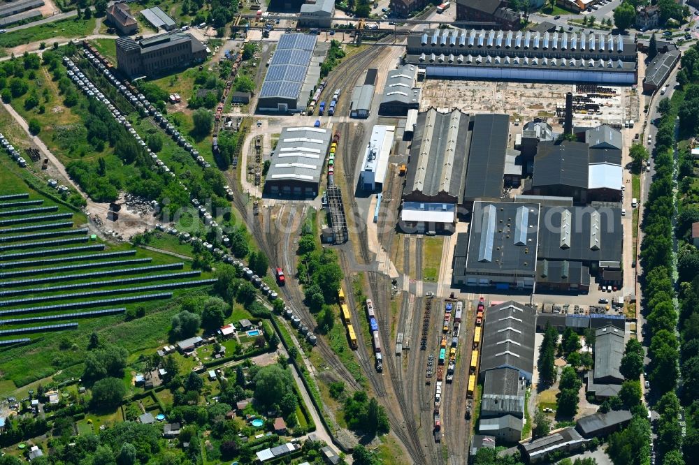 Hansestadt Stendal from the bird's eye view: Railway depot and repair shop, maintenance and repair of locomotives and traction vehicles Alstom Lokomotiven Service in Hansestadt Stendal in the state Saxony-Anhalt, Germany