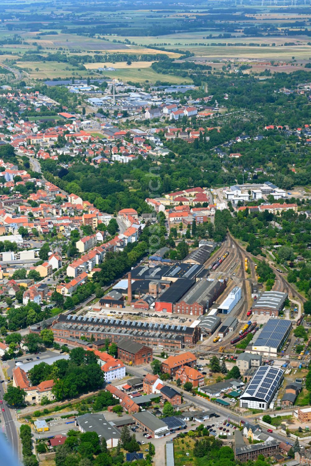 Aerial image Hansestadt Stendal - Railway depot and repair shop, maintenance and repair of locomotives and traction vehicles Alstom Lokomotiven Service in Hansestadt Stendal in the state Saxony-Anhalt, Germany
