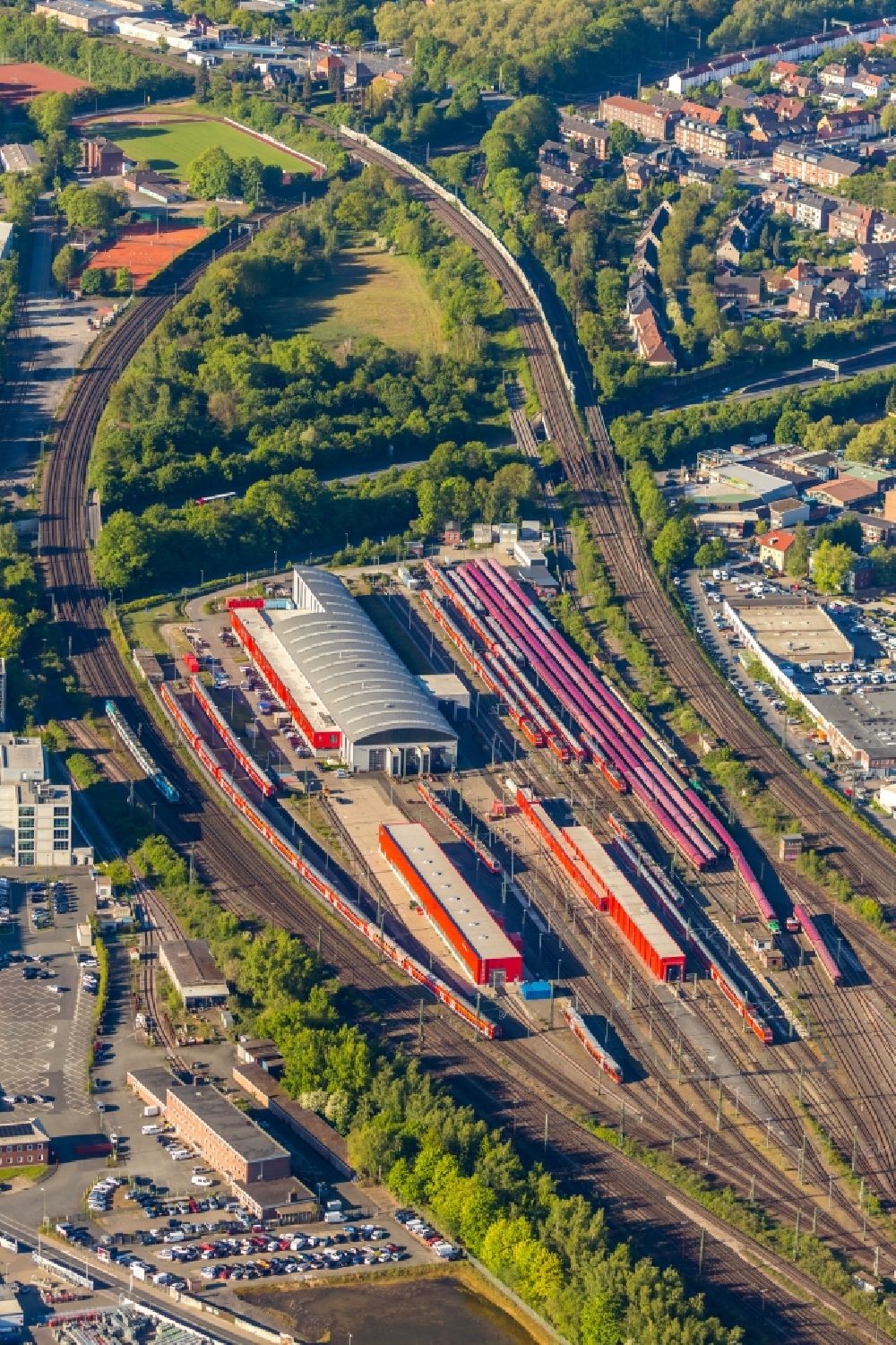 Münster from the bird's eye view: Railway depot and repair shop for maintenance and repair of trains of passenger transport in Muenster in the state North Rhine-Westphalia, Germany