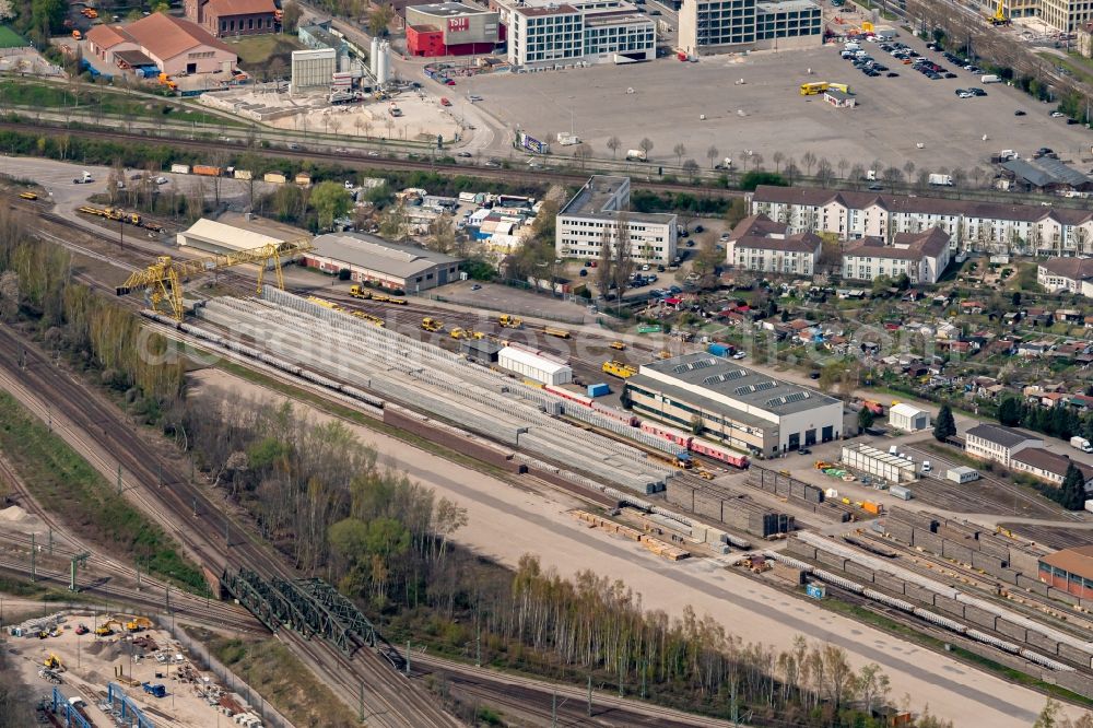 Karlsruhe from the bird's eye view: Railway depot and repair shop for maintenance and repair of trains of passenger transport of the series DB Netz AG in Karlsruhe in the state Baden-Wuerttemberg, Germany