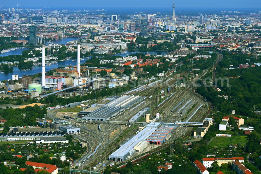 Aerial photograph Berlin - Railway depot and repair shop for maintenance and repair of trains of passenger transport of the series ICE Werk Berlin Rummelsburg II on Saganer Strasse in Berlin