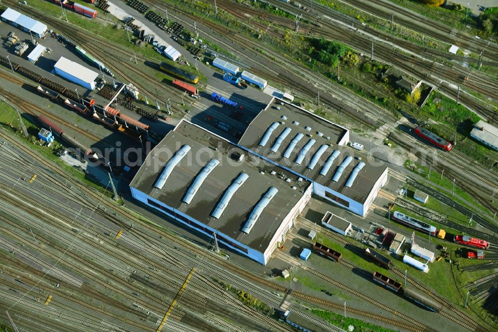 Magdeburg from above - Railway depot and repair shop for maintenance and repair of trains of passenger transport of the series in the district Rothensee in Magdeburg in the state Saxony-Anhalt, Germany