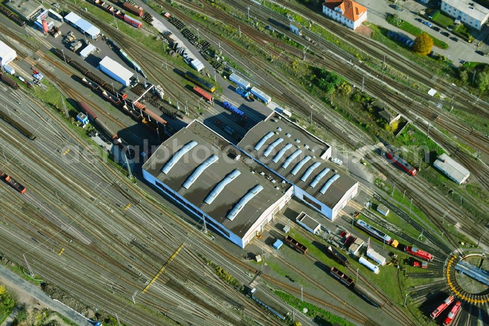 Aerial image Magdeburg - Railway depot and repair shop for maintenance and repair of trains of passenger transport of the series in the district Rothensee in Magdeburg in the state Saxony-Anhalt, Germany
