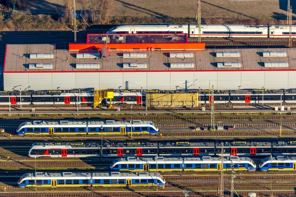 Aerial photograph Duisburg - Railway depot and repair shop for maintenance and repair of trains of passenger transport of the series Abellio GmbH in Duisburg in the state North Rhine-Westphalia, Germany