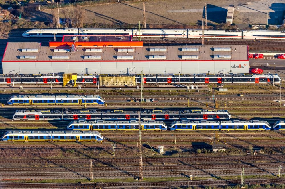 Duisburg from the bird's eye view: Railway depot and repair shop for maintenance and repair of trains of passenger transport of the series Abellio GmbH in Duisburg in the state North Rhine-Westphalia, Germany