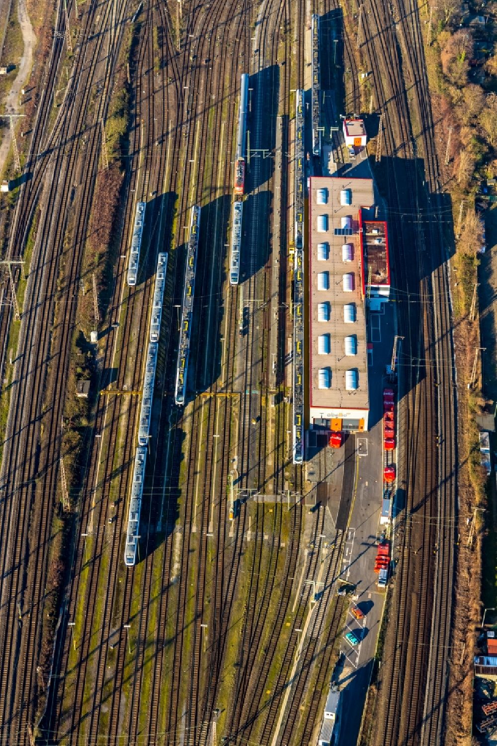 Aerial image Duisburg - Railway depot and repair shop for maintenance and repair of trains of passenger transport of the series Abellio GmbH in Duisburg in the state North Rhine-Westphalia, Germany