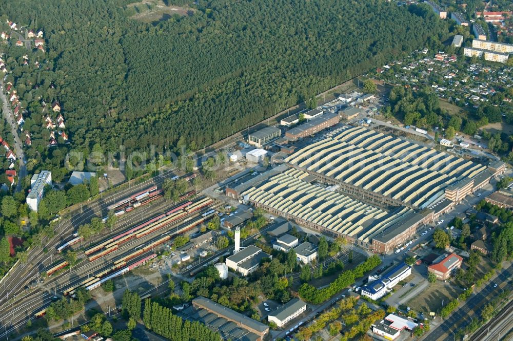 Berlin from above - Railway depot and repair shop for maintenance and repair of trains of passenger transport of the series of S- Bahn in the district Schoeneweide in Berlin, Germany