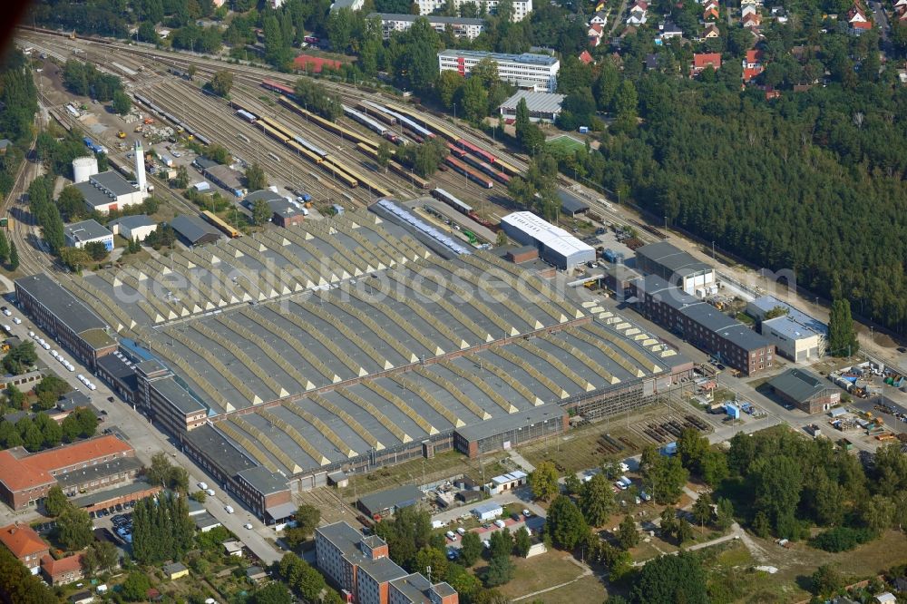 Berlin from above - Railway depot and repair shop for maintenance and repair of trains of passenger transport of the series of S- Bahn in the district Schoeneweide in Berlin, Germany