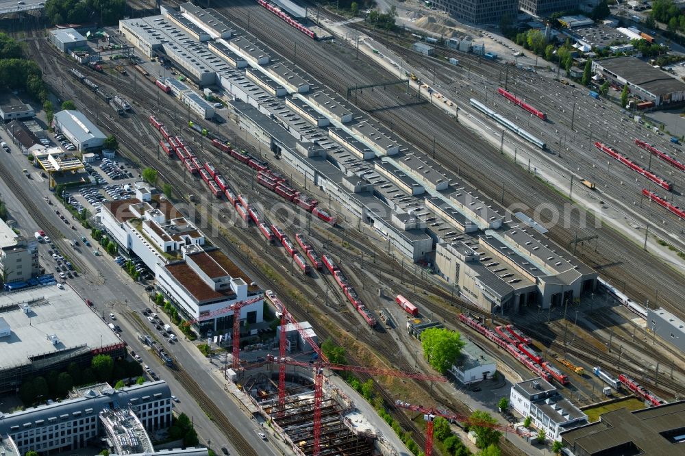 München from the bird's eye view: Railway depot and repair shop for maintenance and repair of trains of passenger transport of the series ICE in Munich in the state Bavaria, Germany
