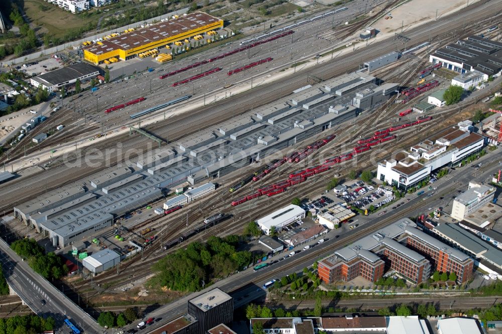 München from above - Railway depot and repair shop for maintenance and repair of trains of passenger transport of the series ICE in Munich in the state Bavaria, Germany